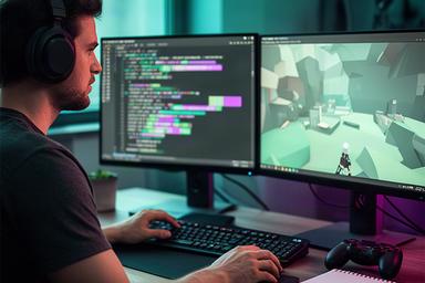 Game developer working at a desktop workstation with a code editor and game build on screen