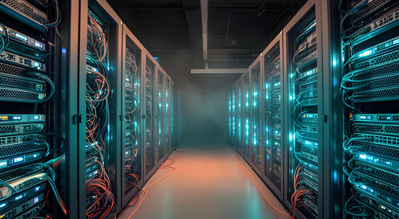 Rows of illuminated game servers in a Culpeper operations room with network equipment and status lights